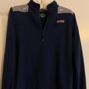 Vineyard Vines navy shep shirt with whales.